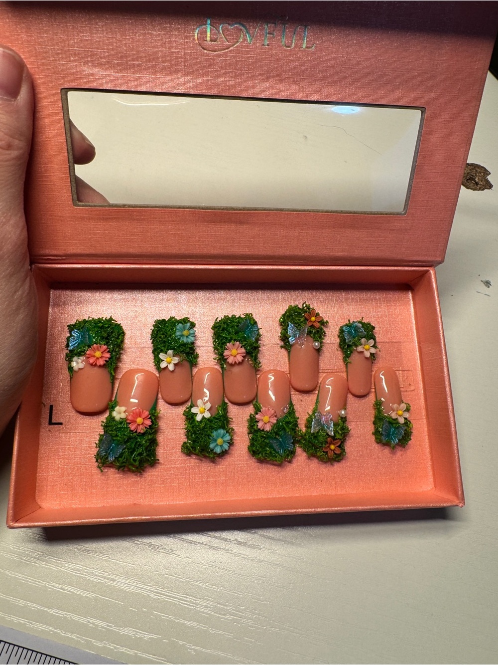 Peach Garden Duck Press-On Nail Set with 3D Floral Accents Large